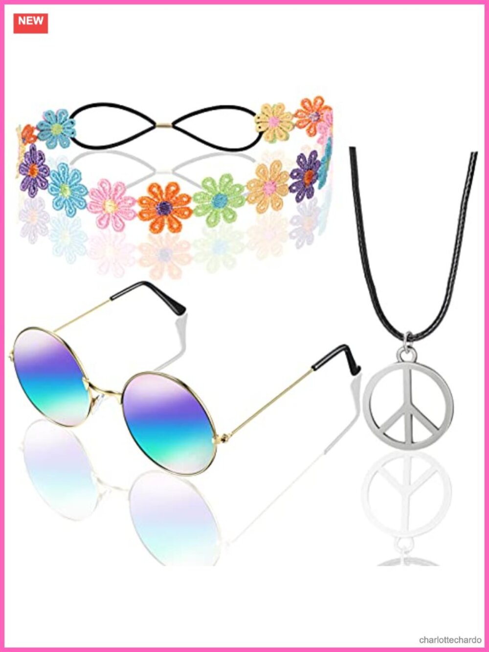 70s Hippie Costume Accessory Set Peace Sign Necklace Daisy Headband Round